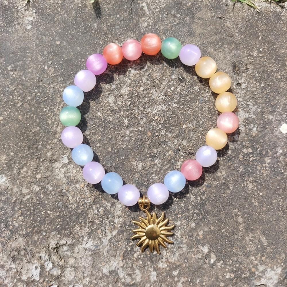 Gold Plated Sun Pendant Necklace UV Reactive Cat Eye Choker Beaded Bracelet Set Photoshoot
