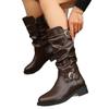 Retro Shoes, Women's Pleated Boots, Round Toe, Thick Heel, Belt Buckle, Mid-leg Pants, Tube Boots