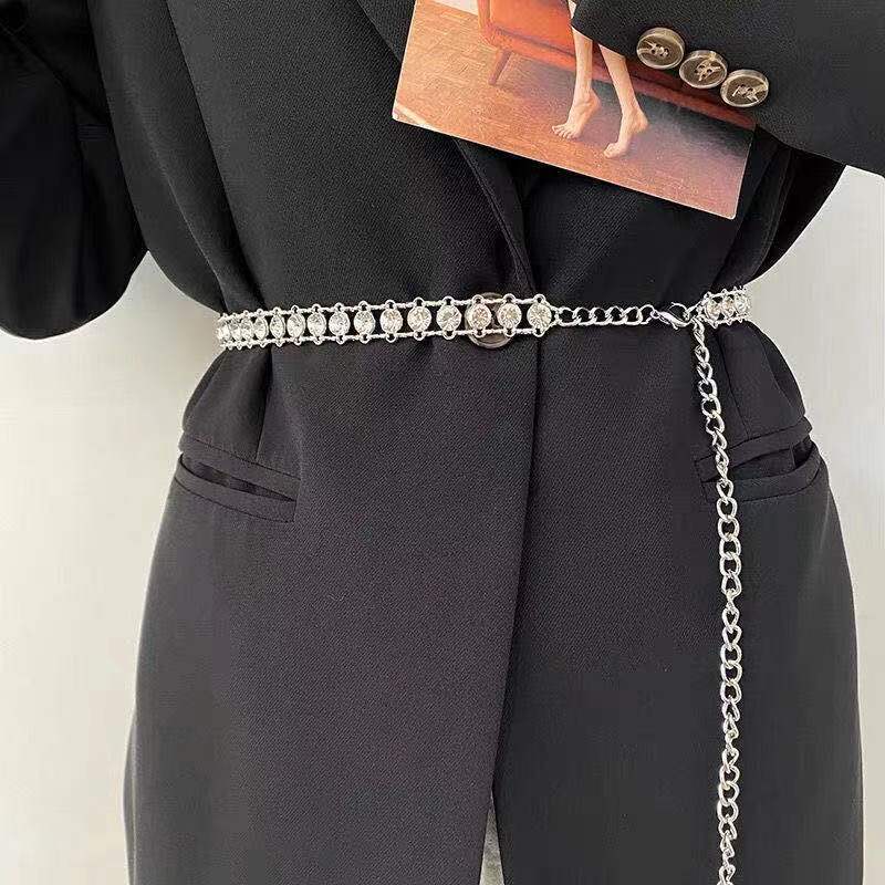 

Европейская и американская панк-цепочка на талию с инкрустацией стразами, женская цепочка, модная, универсальная, тонкая цепочка на талию, декоративный пояс для юбки или костюма 105cm