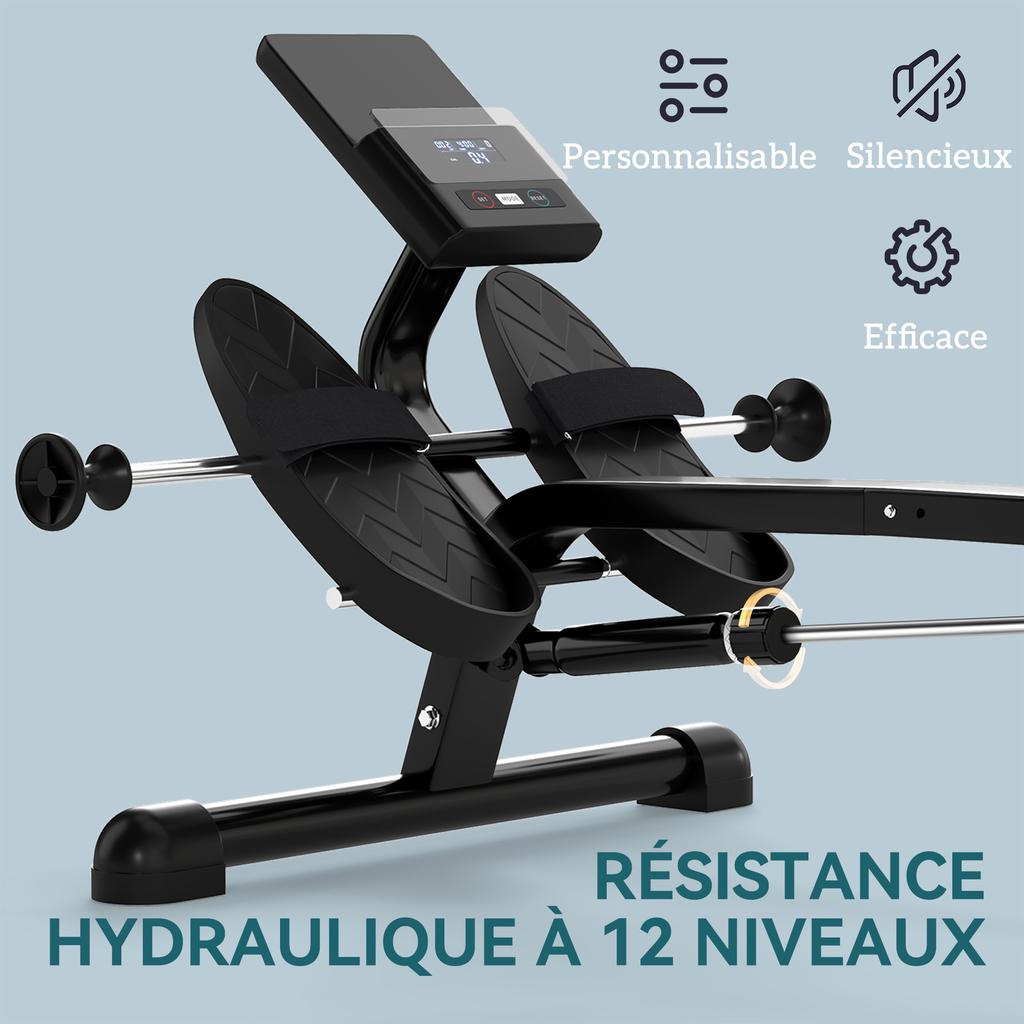 Hydraulický veslařský trenažér 12 úrovní s LCD displejem, pro kardio trénink doma, max. nosnost 130 kg, černá
