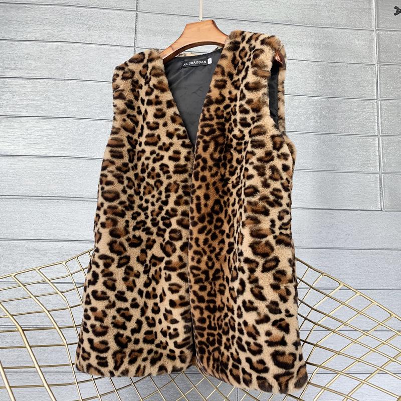 

Leopard Print Faux Fur Winter Vest - Women s Mid-Length Soft Warm Coat L цветной печати леопарда