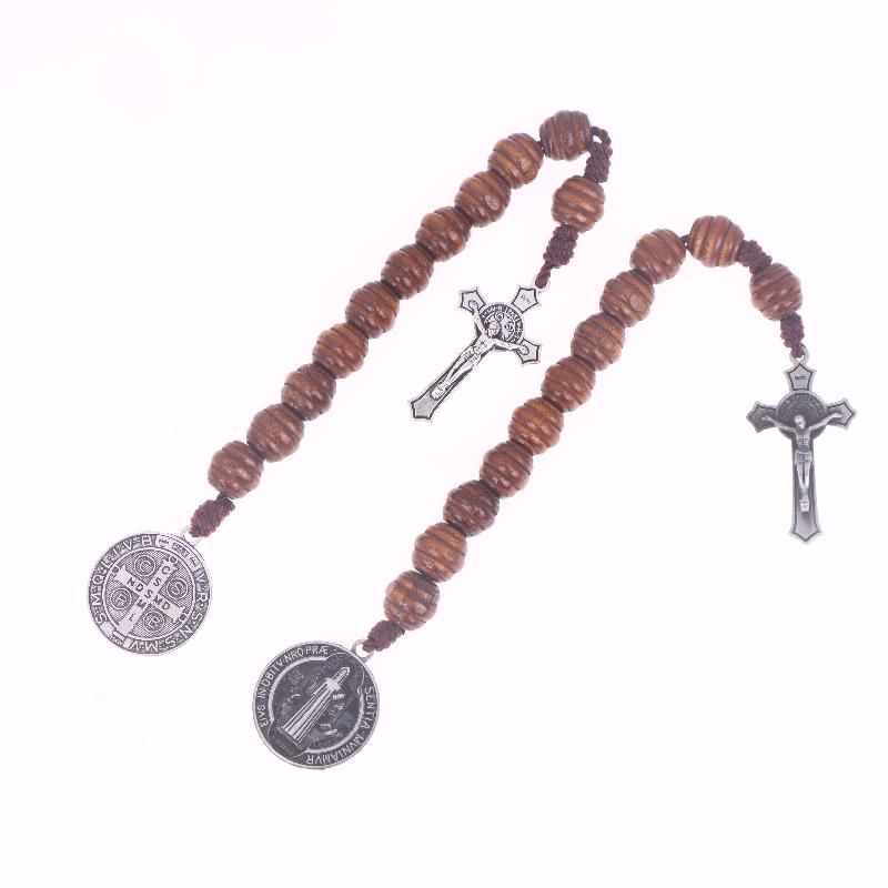 Saint Benedict Medal Prayer Pocket Rosary Catholic Brown Wood Beads With Saint Benedict Medal And Crucifix
