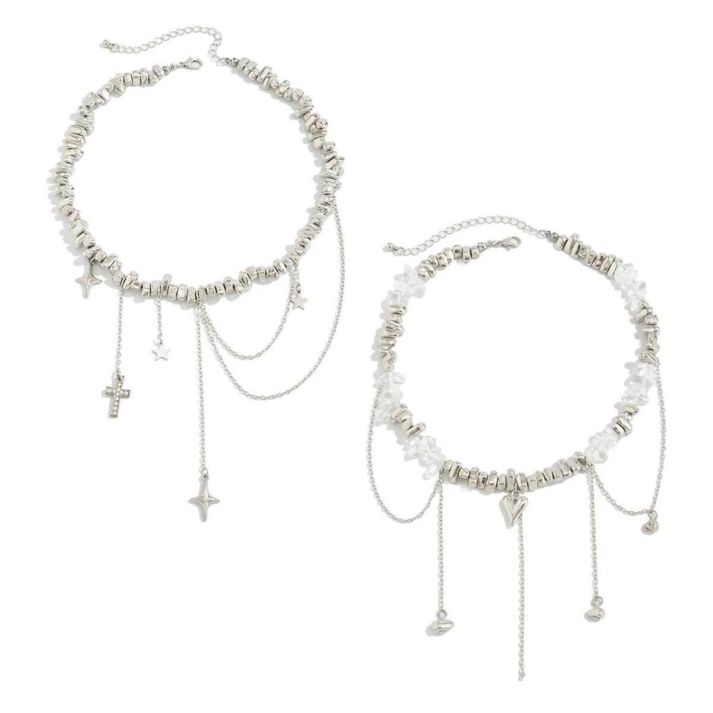 Salircon Exquisite Love Heart Tassel Pendant for Women Trendy Irregular Metal Beaded Clavicle Chain Wedding Bride Jewelry Gift