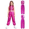 Mädchen Jazz Dance Crop Top Stehkragen Ärmellos Verdeckter Reißverschluss Hinten Pailletten Metallisches Patchwork Rüschen mit Glänzender Hose für Bühnenauftritt