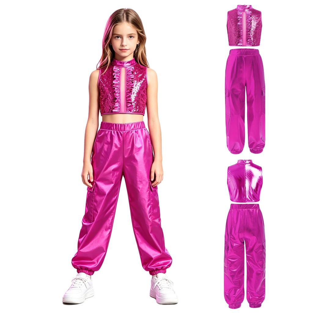 Mädchen Jazz Dance Crop Top Stehkragen Ärmellos Verdeckter Reißverschluss Hinten Pailletten Metallisches Patchwork Rüschen mit Glänzender Hose für Bühnenauftritt