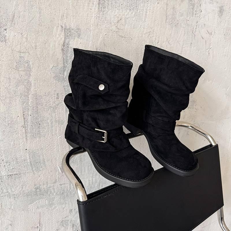 Autumn and Winter Women's Leather Boots Solid Color Medium Heel Round Head Versatile Large Size Women's Boots New Leather Big Tube Circumference High