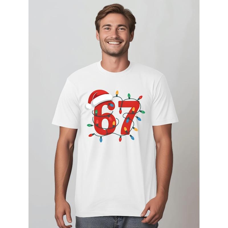 

Men S Christmas T-Shirt with Design Number 67 - Featuring a Christmas Hat And Snowflake Print, This Short-Sleeve Round-Neck Casual Shirt, Comfort S белый