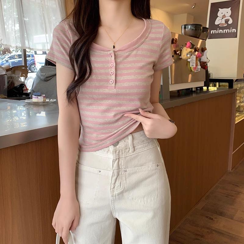 American Retro Striped Contrast Color Right Shoulder T-Shirt Women's Short Sleeve Spring and Summer Design Slim U Neck Short Flying Sleeves Short Top