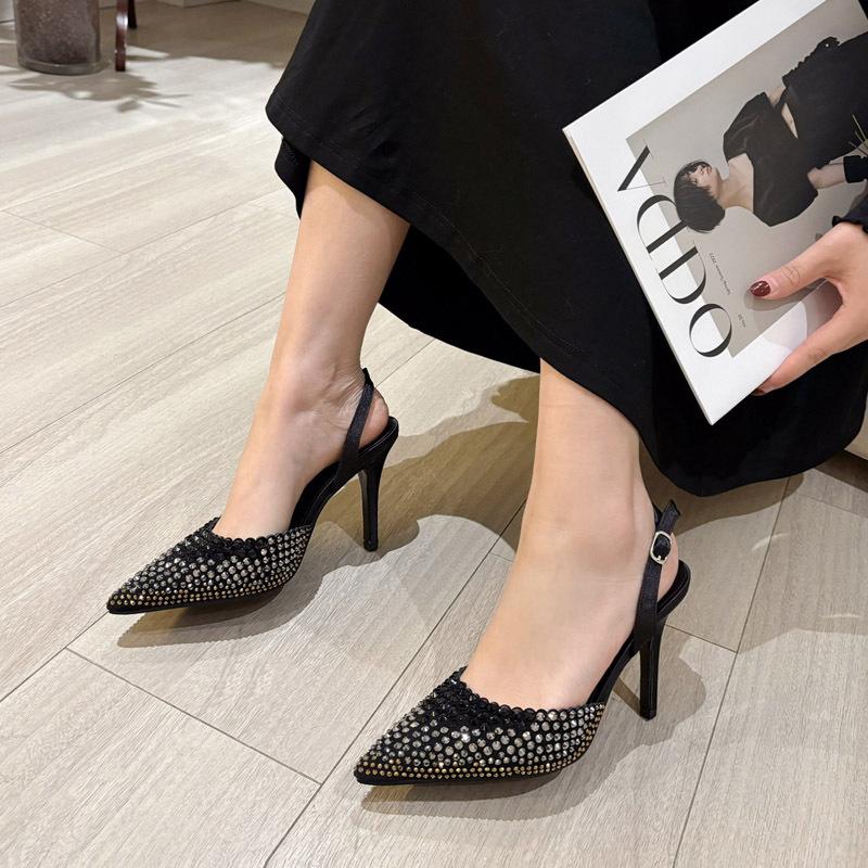 One-word with high-heeled sandals women's spring new simple silver bag head empty pointed work women's shoes