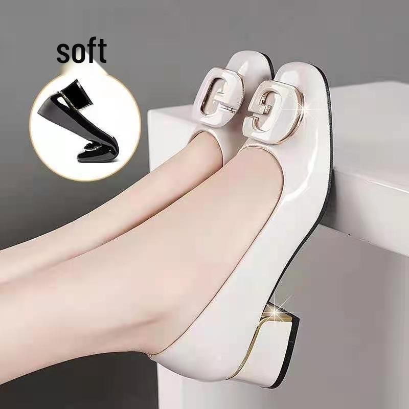 Genuine Leather Women's Chunky Heel Loafers with Shiny Patent and Soft Leather, Round Toe, Wide Fit, Suitable for All Seasons