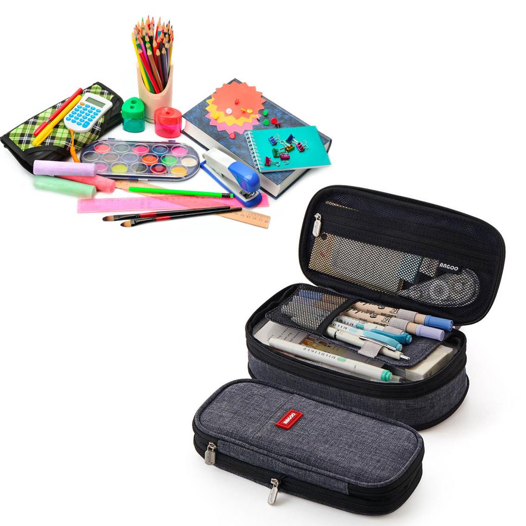 Pencil Bag Gray Large Capacity Metal Zipper Canvas Mesh Pocket Large Pencil Case for Students School Office Student