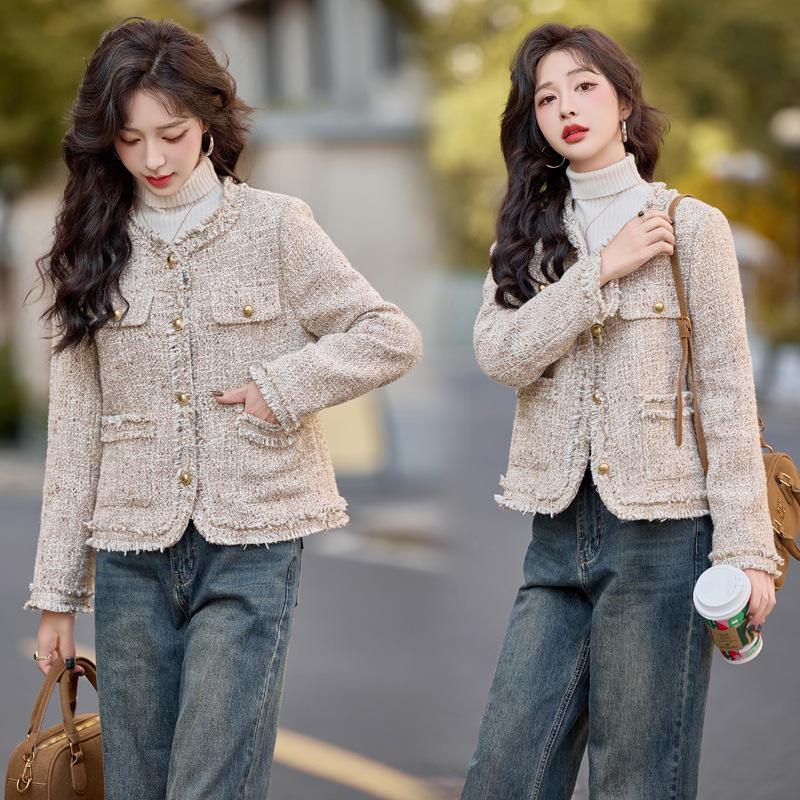 

Женская шерстяная куртка-пуховик с круглым вырезом - Теплое и стильное осенне-зимнее пальто, Ароматный стиль. L for 110-125 jins бежевый