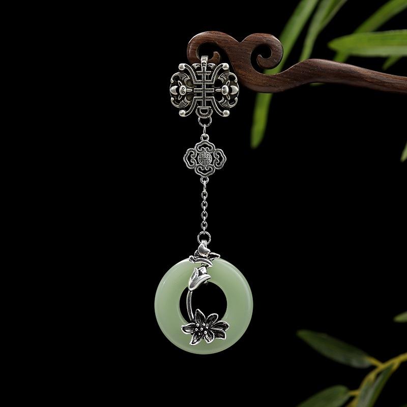Classical sapphire safety buckle cheongsam press pendant high-end lotus pendant Chinese style Tibetan silver Hanfu tea clothing accessories
