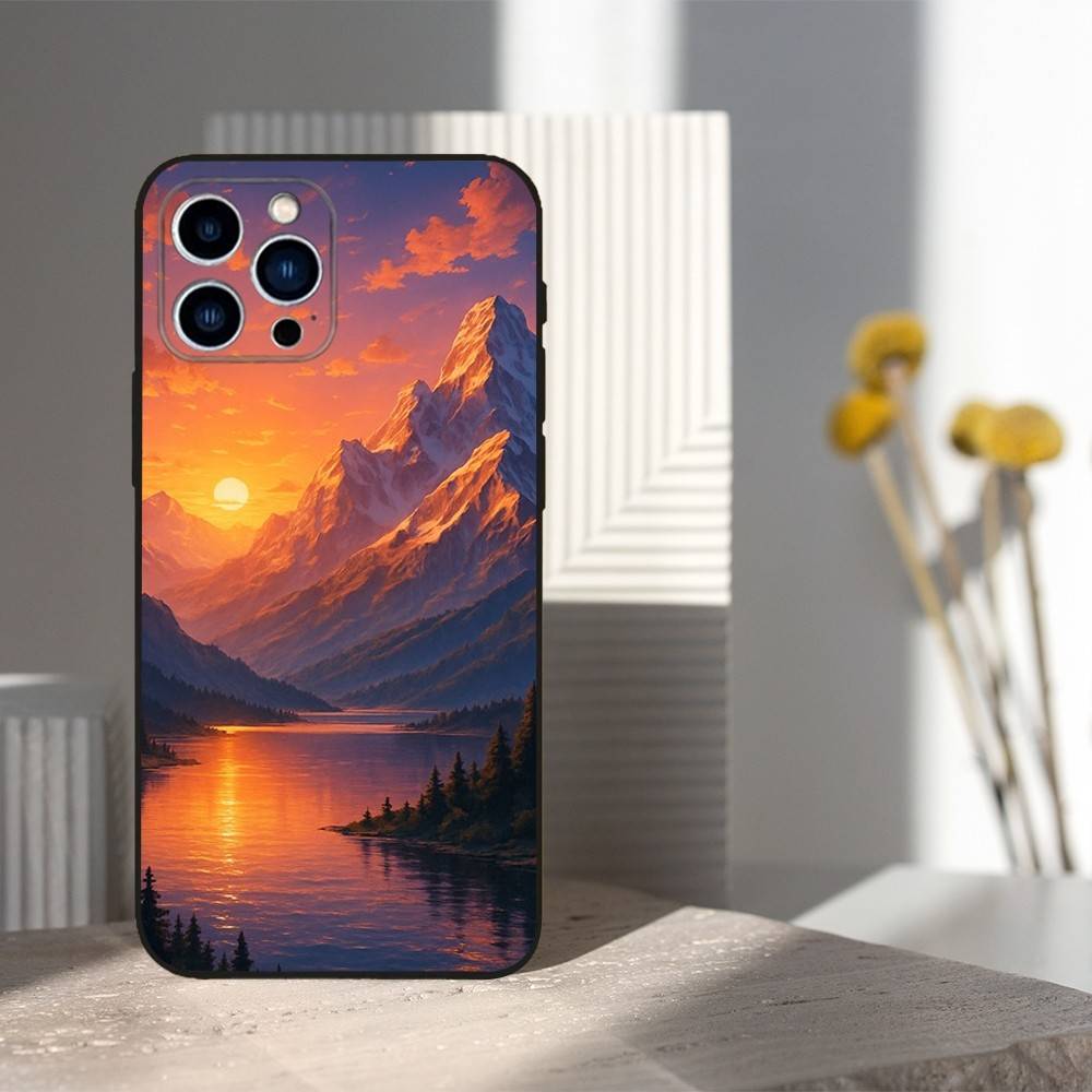 Painting Art River Case For iPhone 12,14,15,16,17,13,11,X,Mini,Plus,Pro Max,8,7,XR,SE,XS,Soft Silicone Black