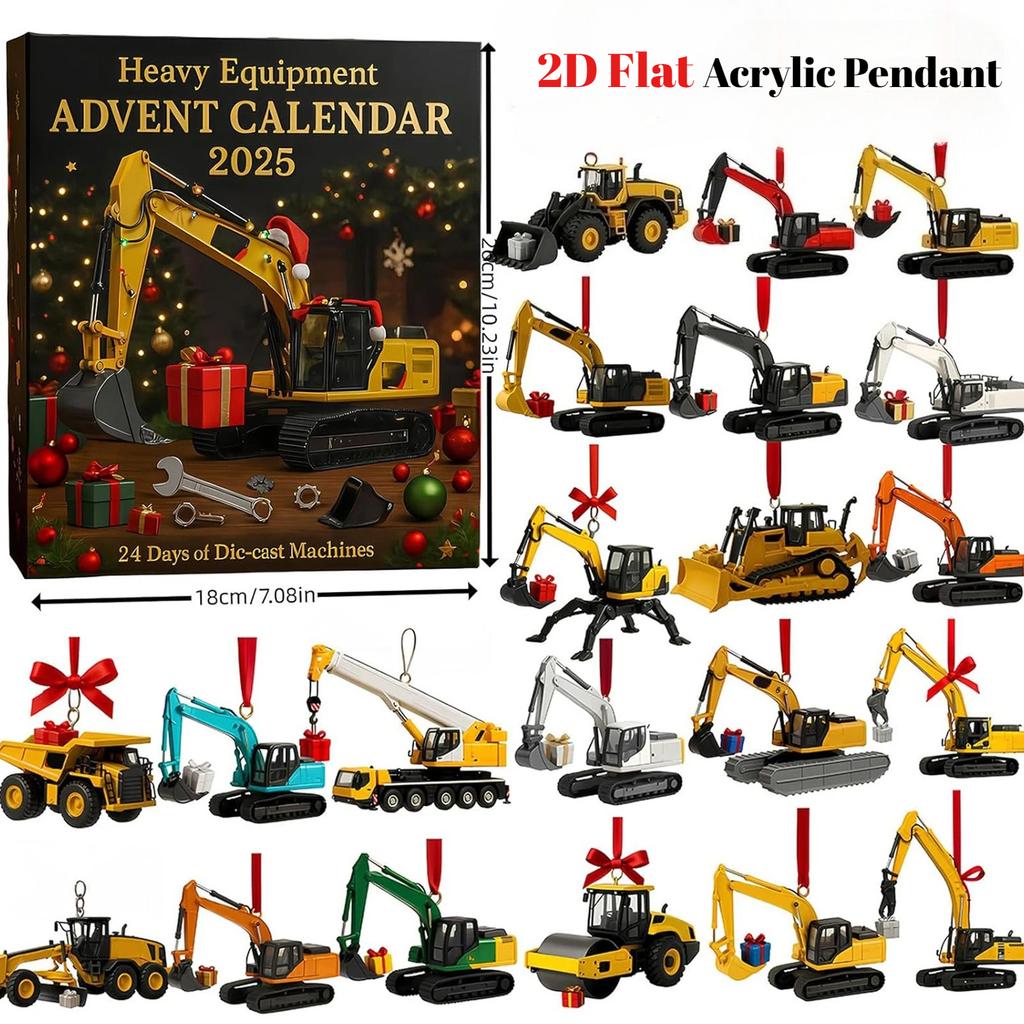 Heavy Equipment Advent Calendar 2025, 24 DieCast Machines,2D Flat Acrylic Mini Excavator Ornaments, Construction Vehicle Advent Calendar