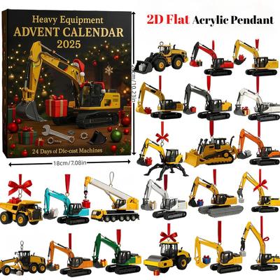 Heavy Equipment Advent Calendar 2025, 24 DieCast Machines,2D Flat Acrylic Mini Excavator Ornaments, Construction Vehicle Advent Calendar