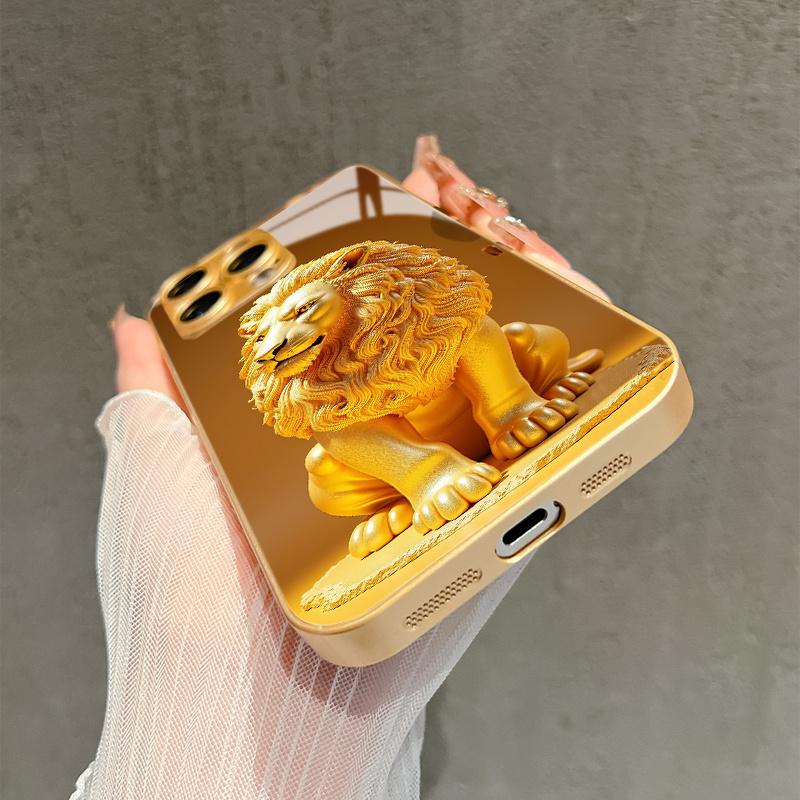 Fashion Golden Lion Design Glass Phone Case For iPhone17 16 Pro Max/16/15 Pro/14 Plus/13 Pro Max/12/11 Pro, Elegant Case