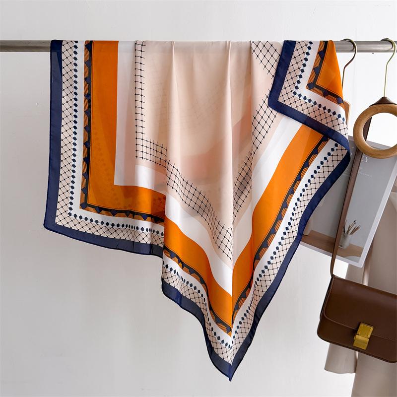 New plaid chain scarf twill large square scarf travel sunscreen shawl decorative headscarf 90cm letter silk scarf