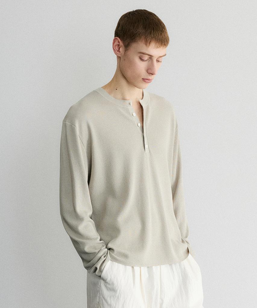 Le Mad Relaxed Henley Neck Long Sleeve Knit - Light Grey