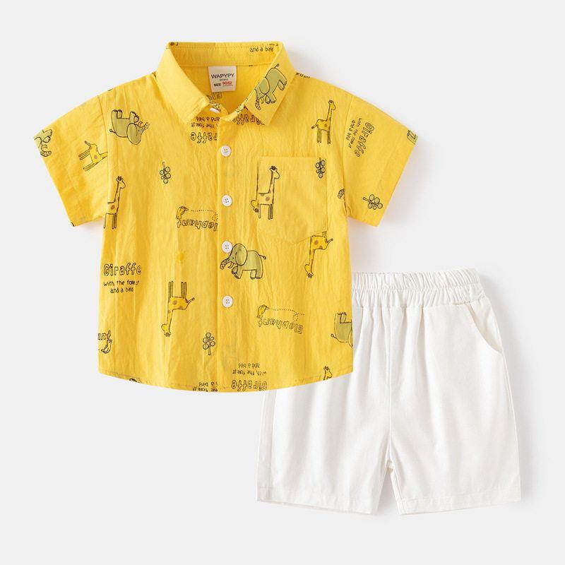 Children's Clothing Summer Boys' Bear Lapel Shirt Baby Polo Shirt Short Sleeve Shorts Suit Children's Shirt Cropped Pants