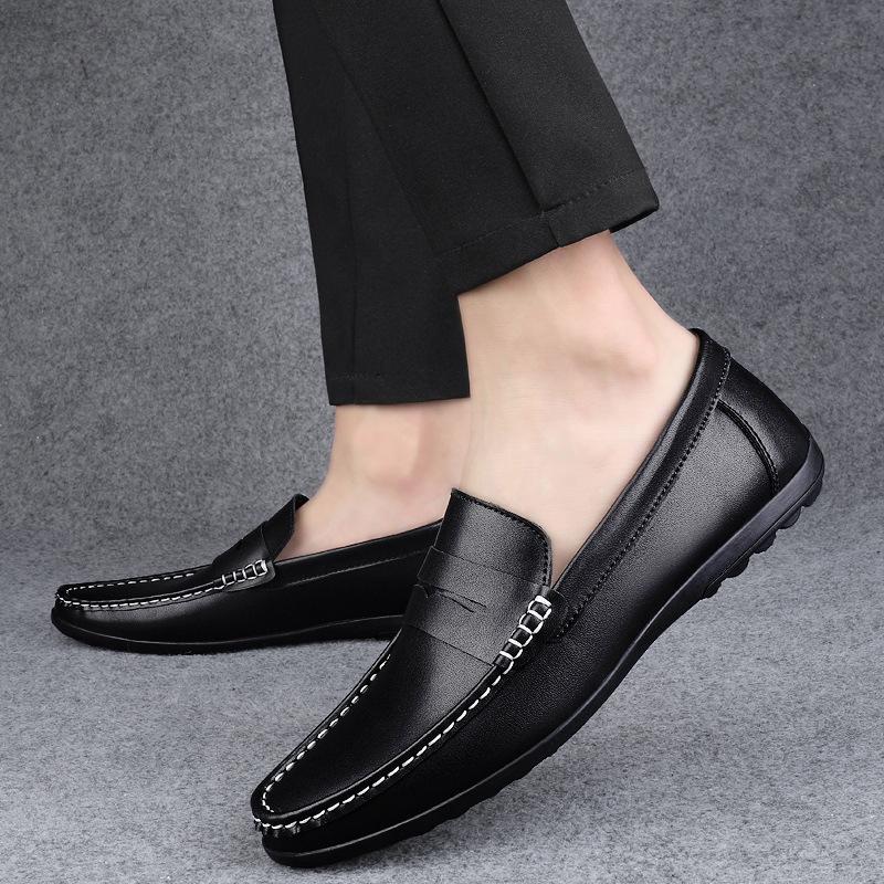 

Весенние мужские повседневные кожаные туфли, трендовая корейская версия мужских кроссовок с мягкой подошвой для вождения, модные кожаные туфли большого размера с одной педалью 46 чёрный