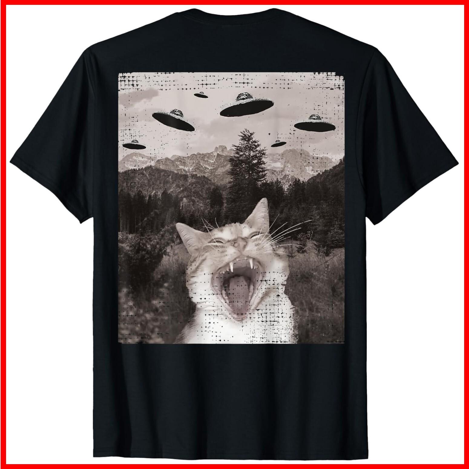 Cat UFO Meme - Funny Cat Selfie with UFOs Black Cotton T-Shirt S-5XL M