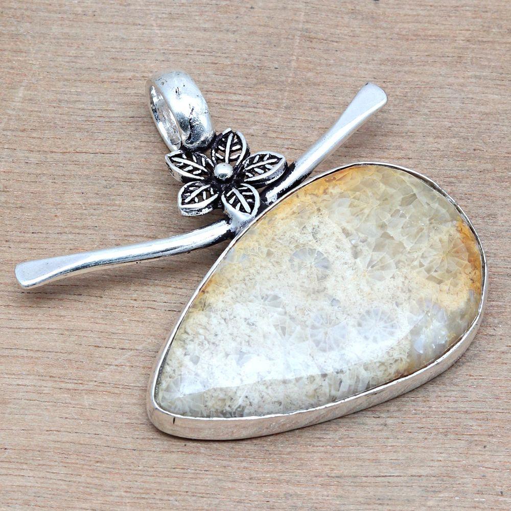 Necklace Fossil Coral Gemstone Handmade Gift For Her Silver Jewelry 1.5"