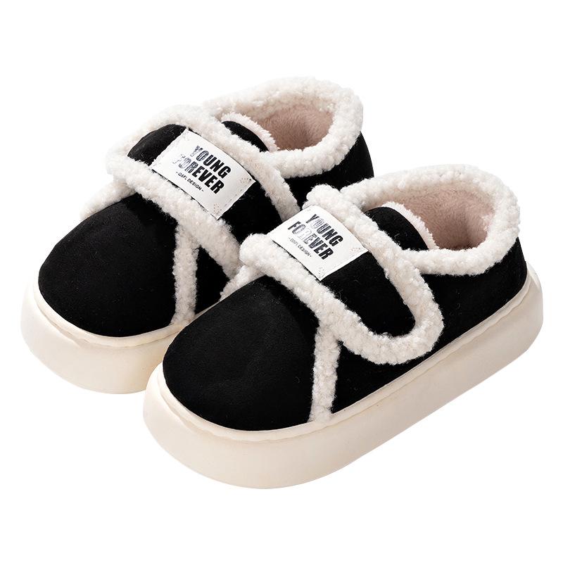 Women's Retro Velcro Cotton Slippers - Non-Slip, Warm Velvet, Full Heel for Autumn/Winter.