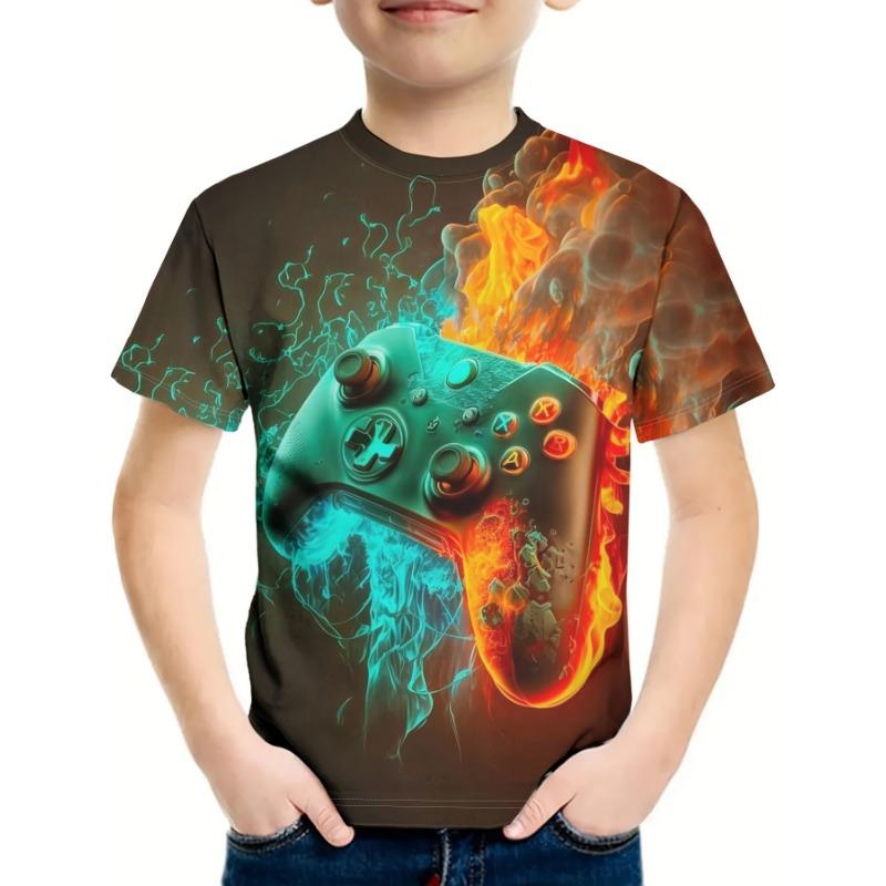 Gamepad fargerik 3D-trykt T-skjorte for barn, rund hals t-skjorte for barn med korte ermer, sommergutters fritidstopp