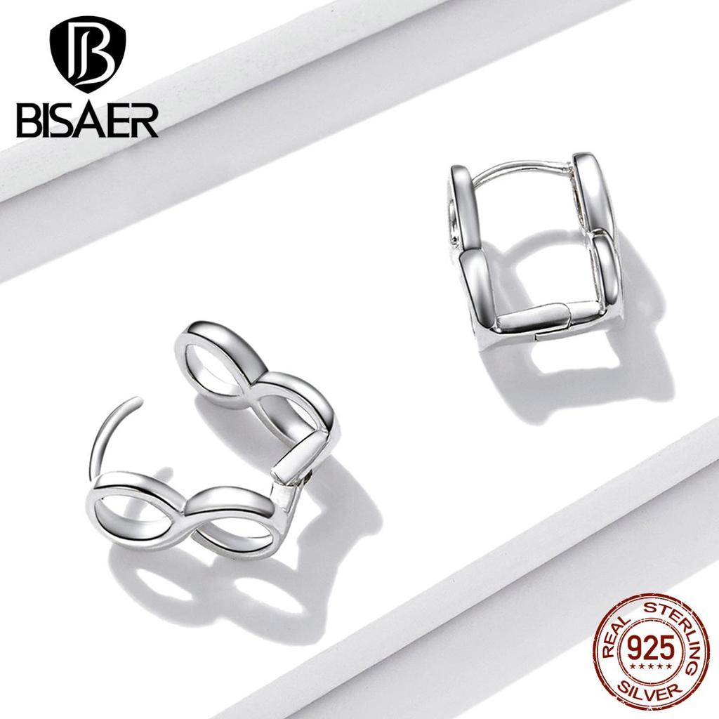 Bisaer 925 Sterling Silver Simple Fashionable Infinity Symbol Shape Stud Earrings for Women Wedding Fine Jewelry
