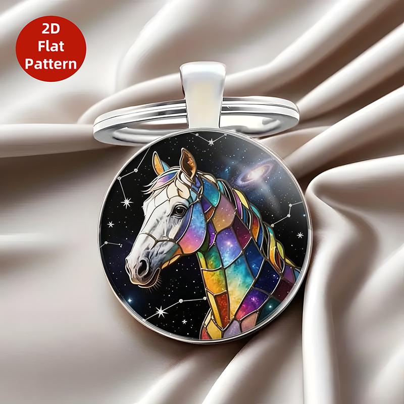 Retro Zodiac Horse Pattern Zinc Alloy Circular Keychain Car Backpack Hangings Decoration