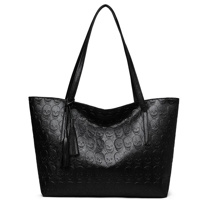 Simple solid color large capacity portable shoulder large bag skull printing soft leather versatile tote bag