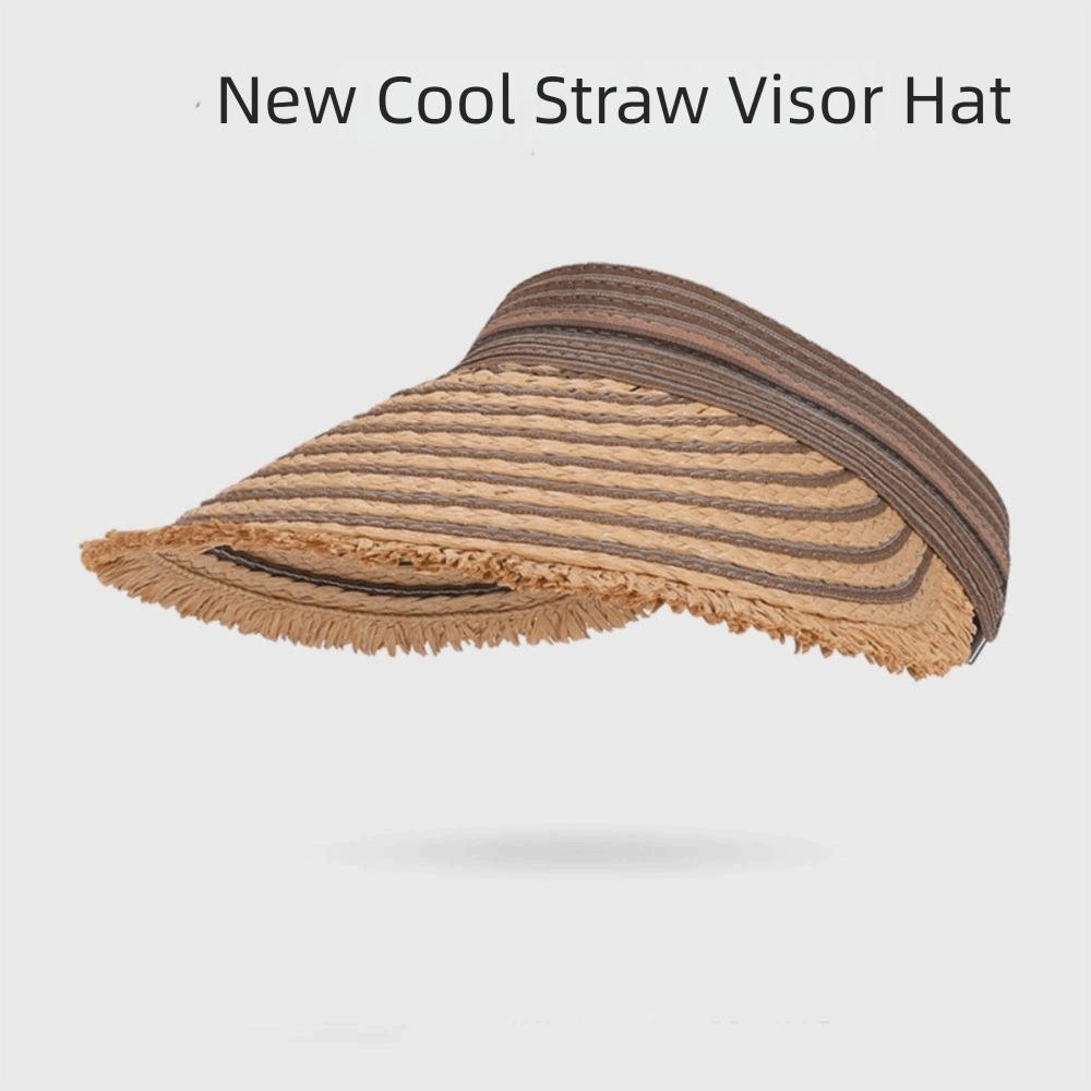 Solid Color Wide Brim Woven Breathable Folding Sunshade Hat Empty Top Straw Hat Seaside Vacation