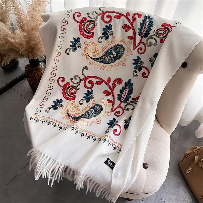 Fashion Scarf Winter Thick Shawl Wrap Head Scarf Women Luxury Embroider Flower Warm Neckerchief Poncho Pashmina Bufanda