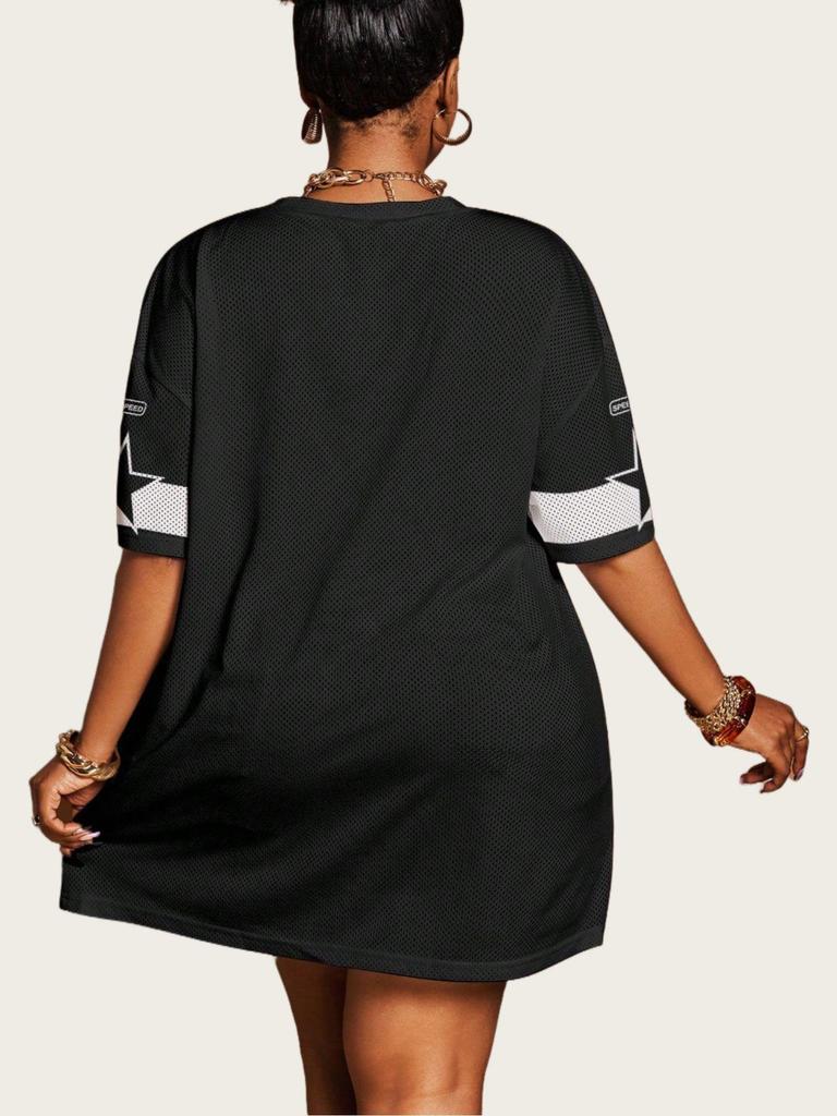 Women's Loose V-Neck Sporty Mesh T-Shirt with Digital Print