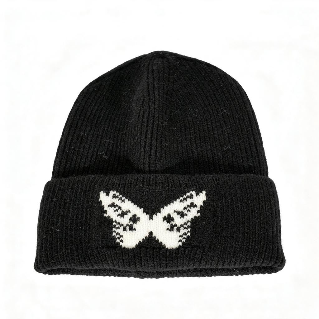 Autumn and winter butterfly jacquard big head circumference knitted hat women's retro warm wool hat street hipster curling edge cold hat