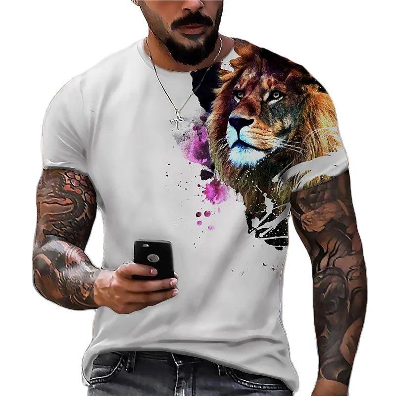 Mens Lion Head Crew Neck Animal Pattern Tee Soft Comfortable Slight Stretch Short Sleeve Regular Fit for Pajamas Everyday Wear