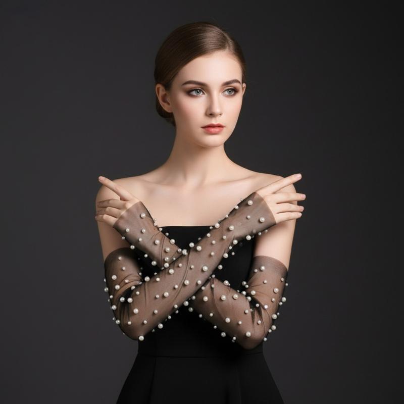 Fingerless Bridal Gloves Artificial Pearls Arm Sleeves Armwear for Formal Occasion Wedding Ceremony Dressingup Accessory