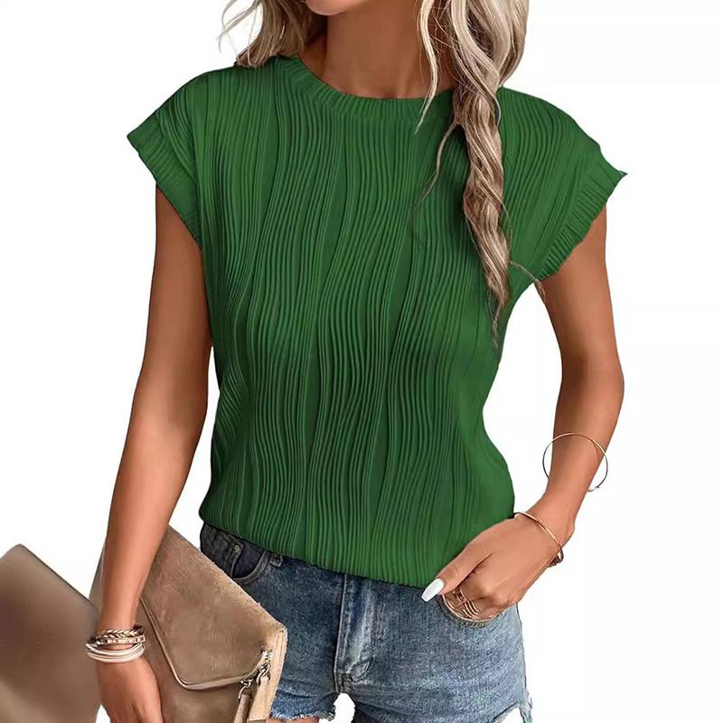 Crew Neck Short Sleeve for Women Summer Pleated Print Solid Short Sleeve Casual Fashion T-shirt Breathable Lightweight Comfortable Work Vacation Top