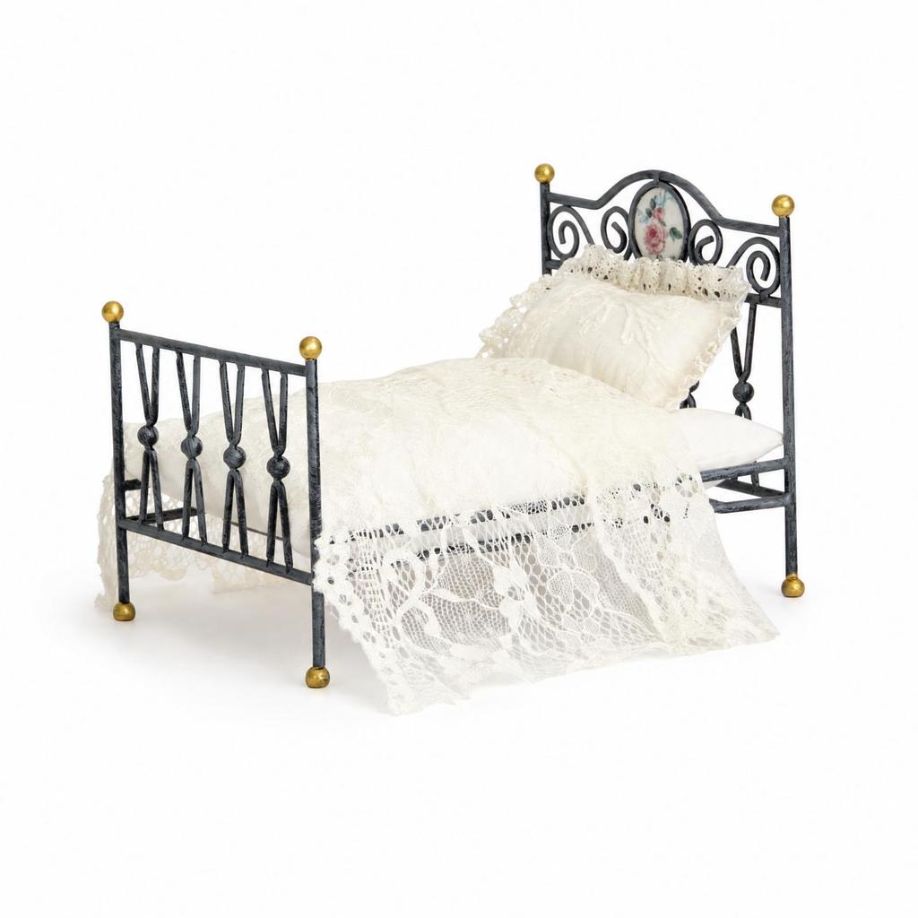 Bed with Bedding Vintage Miniature Metal Ornate Furniture for Collectors,
