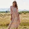 Summer Spring Floral Print Dress for Women Bohemia V-Neck A-Line High Waist Half Sleeve Mid-Calf Blue Pink Red Rose Sizes S M L XL