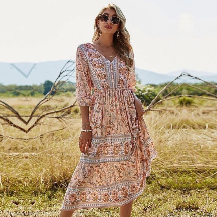Summer Spring Floral Print Dress for Women Bohemia V-Neck A-Line High Waist Half Sleeve Mid-Calf Blue Pink Red Rose Sizes S M L XL