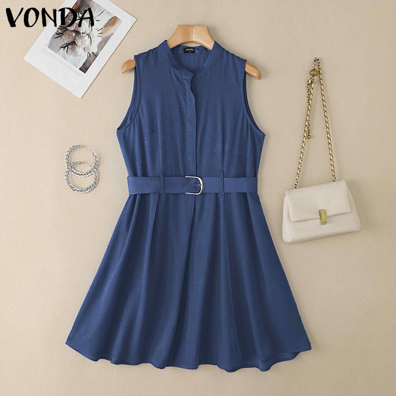 

VONDA Summer Women Sleeveless Belt Waist Casual Pleated Dress S чёрный