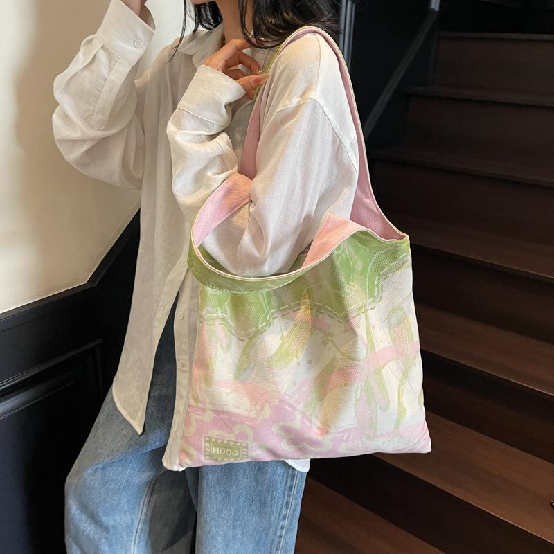Summer small fresh underarm bag women's 2025 new pink and green color matching literary and artistic style canvas bag large-capacity shoulder bag