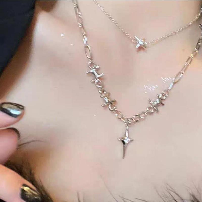 Four Pointed Star Spliced Cross Pendant Clavicle Necklace Fashion Jewelry For Women