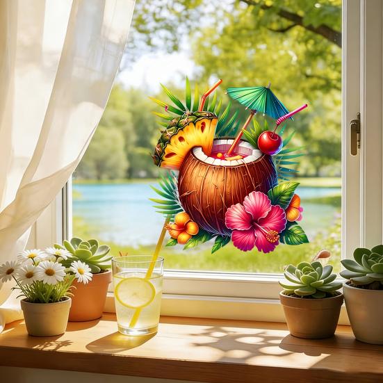 Summer Beach Window Cling Reusable Coconut Drink Pineapple Flower Static PVC Sticker Removable Hawaiian Tropical Theme Glass Decals for Living Room