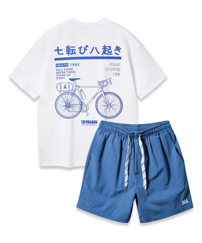 ALVINCLO [Set] Bicycle Oversized Short Sleeve T-Shirt With String Details Woven Shorts Set
