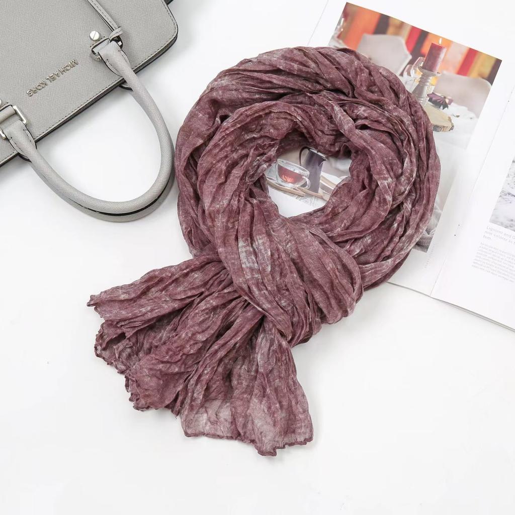 Solid Green Cotton Linen Vintage Pleated Scarf Shawl Autumn Winter Unisex Thin Long Neck Wrap Warmth Breathable Lightweight