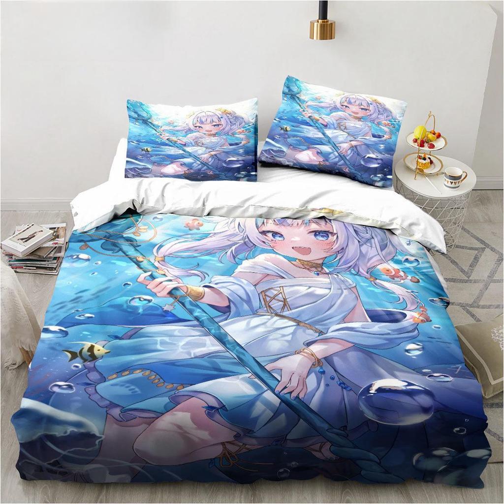 Kawaii Gawr Gura Söt Tjej Min Vinkel Kung Tvilling Dubbel Barnsängkläder Mikrofiber Eller Polyester 3D-tryck Anime Påslakan Set