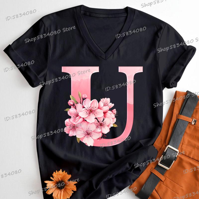 Pink Sakura Alphabet Shirts Gift for Women Letter S Floral Monogram Cartoon Tshirt Cherry Blossom Letters A B C D Casual Tops